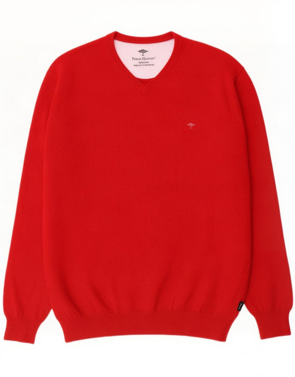 Fynch Hatton Mens V-Neck Jumper Sweater 2XL Red Wool
