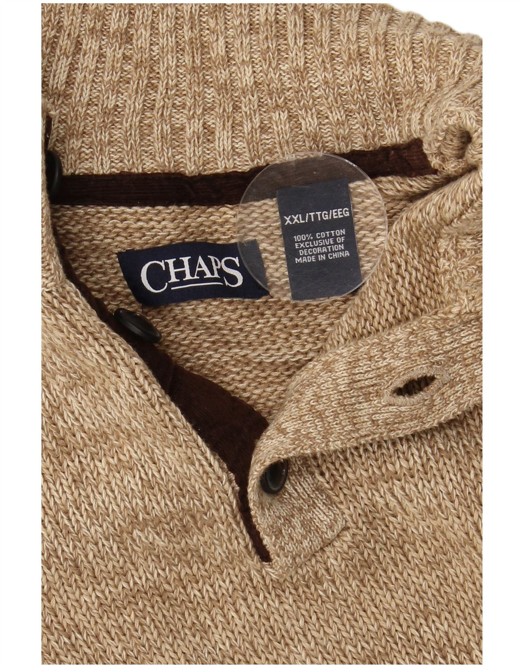 CHAPS Mens Button Neck Jumper Sweater 2XL Beige Colourblock Cotton