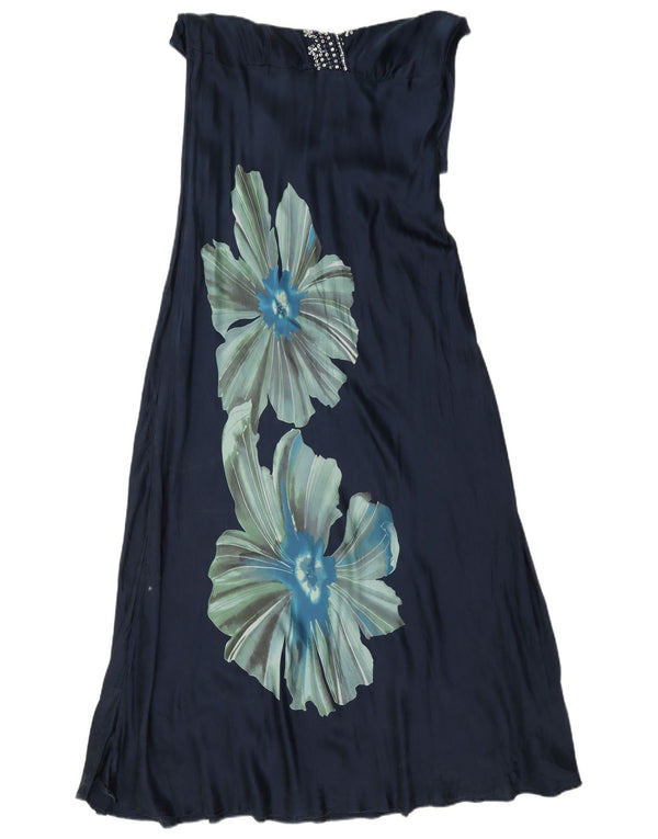 Principper Kvinders ærmeløs Maxikjole UK 14 Large Navy Blue Floral Silke