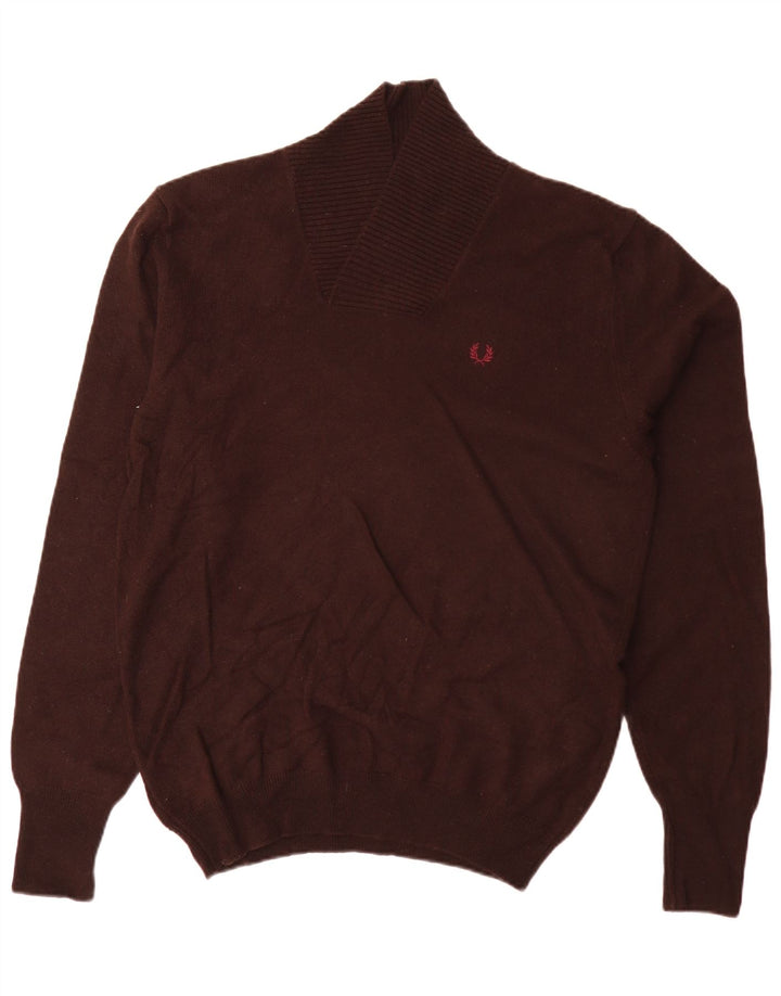 Fred Perry Herre Shawl Neck Jumper Sweater Stor Brun Lammeuld
