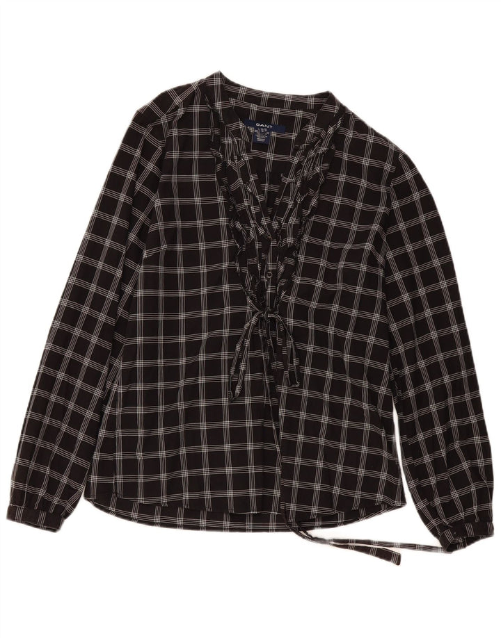 Gant Dame Flæse Front Langærmet Bluse Top UK 16 Stor sort ternet