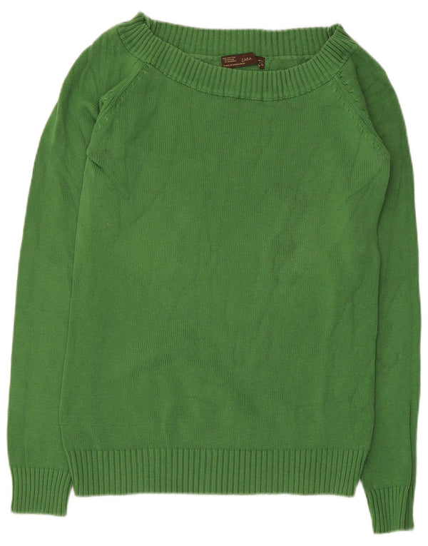 Zara Dame Boat Neck Jumper Sweater UK 14 Stor Grøn Bomuld