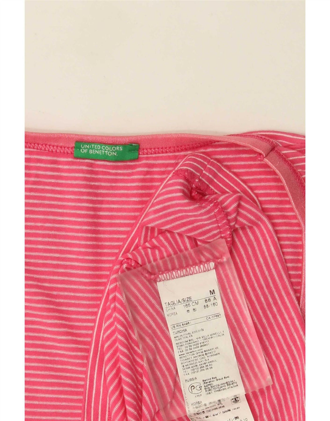 Benetton Dame T-Shirt Top UK 12 Medium Pink Stribet Viscose