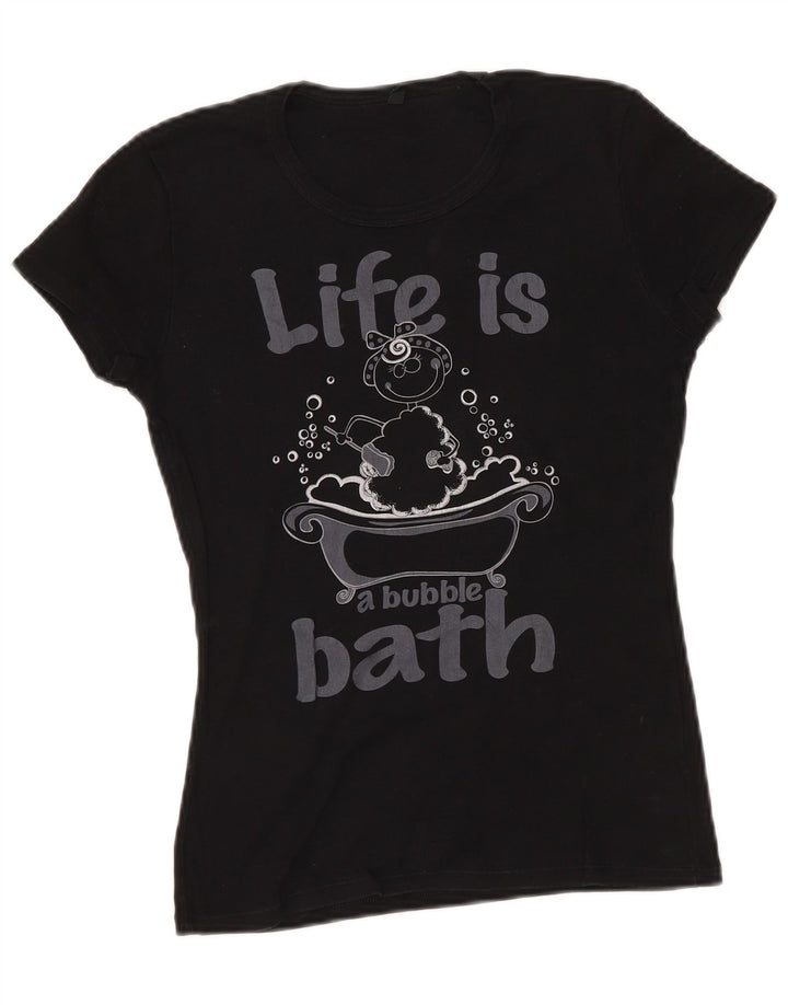 BENETTON Dame Grafisk T-Shirt Top UK 8 Lille Sort