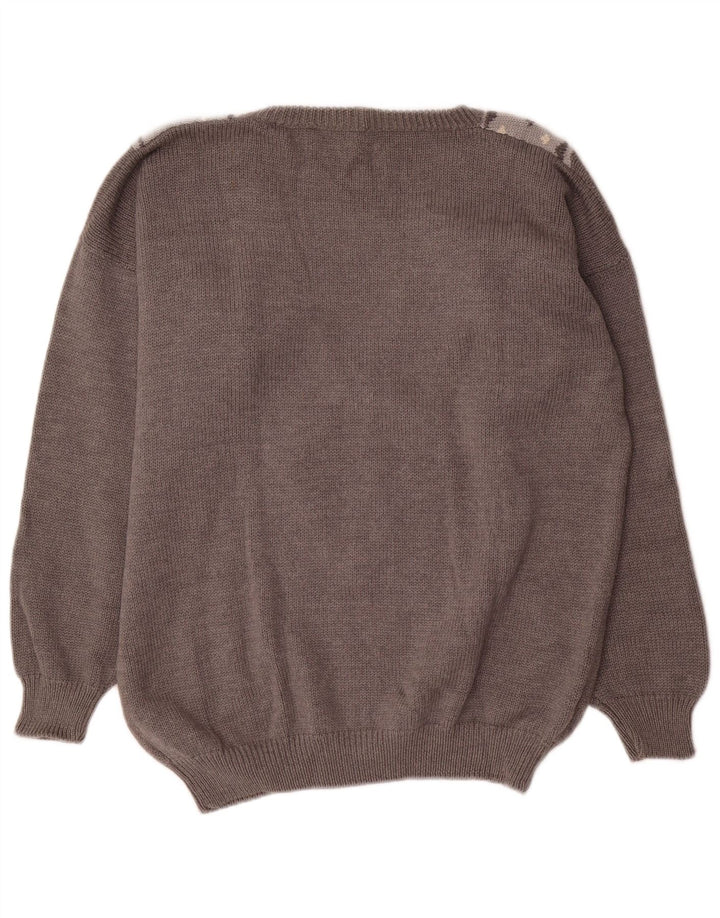 BENETTON Dame V-hals sweater IT 44 Medium Grey Argyle/Diamond