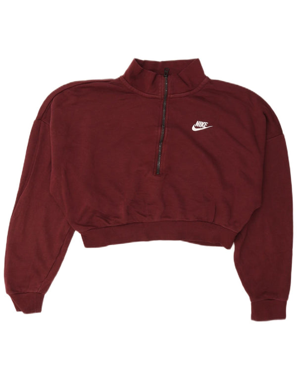 Nike Dame Crop Zip Neck Sweatshirt Jumper UK 14 Medium Bourgogne bomuld