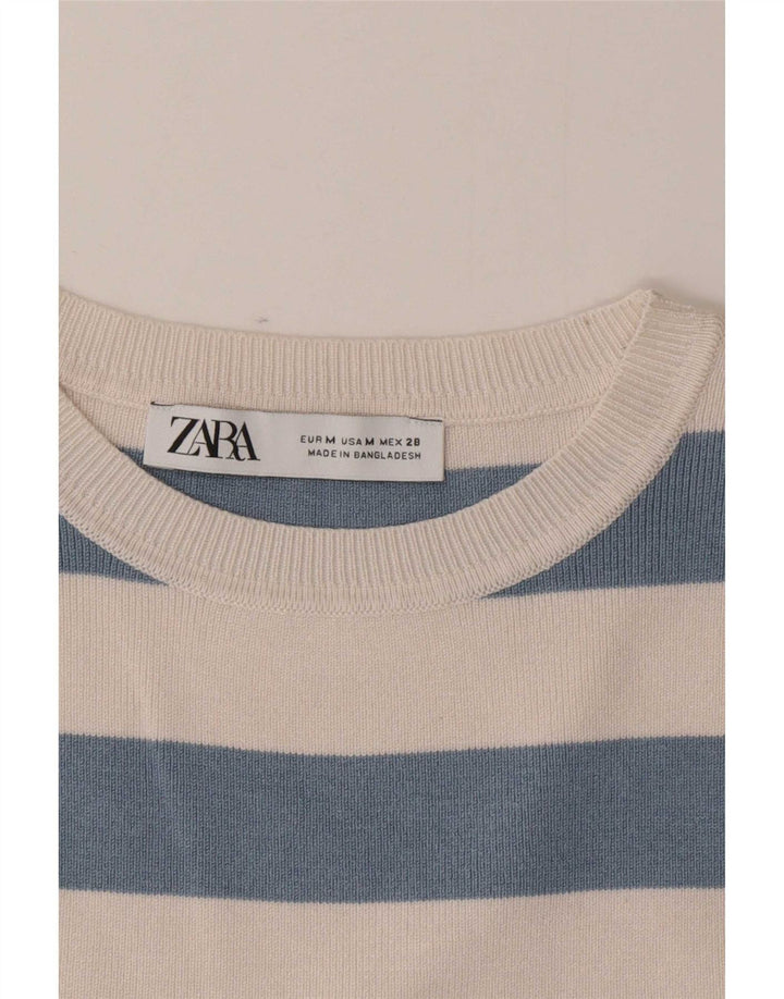 Zara Womens Crop Vest Top UK 12 Mellem blå stribet