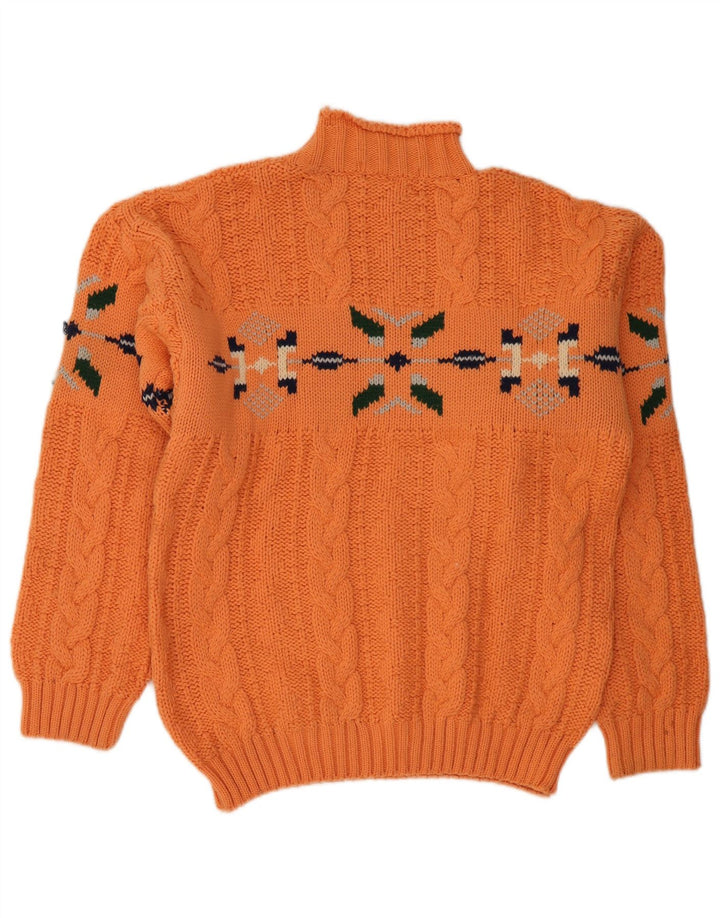 Vintage Herre Turtle Neck Jumper Sweater Large Orange Fair Isle Wool