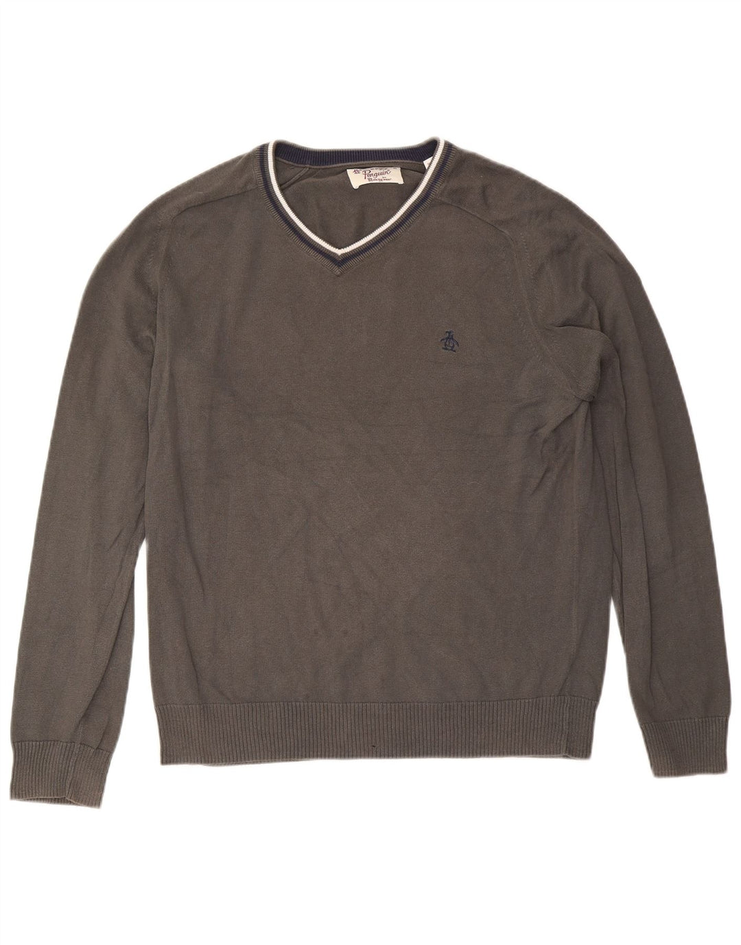 Penguin Herre V-hals sweater XL Gråstribet bomuld