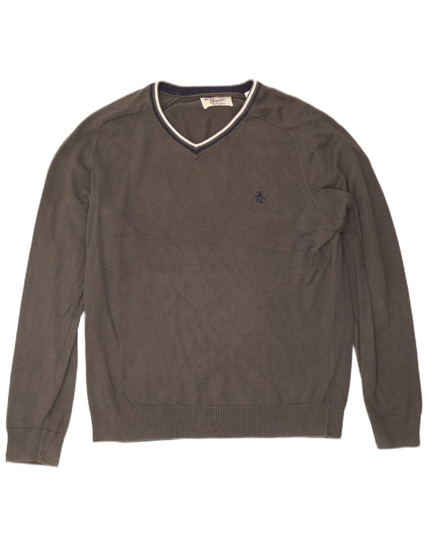Penguin Herre V-hals sweater XL Gråstribet bomuld