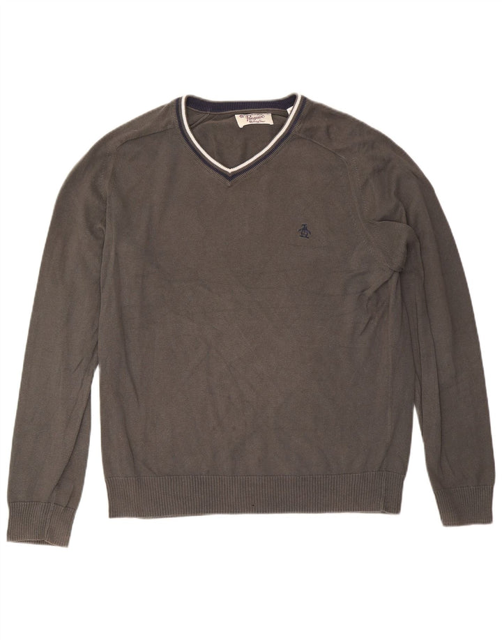 Penguin Herre V-hals sweater XL Gråstribet bomuld