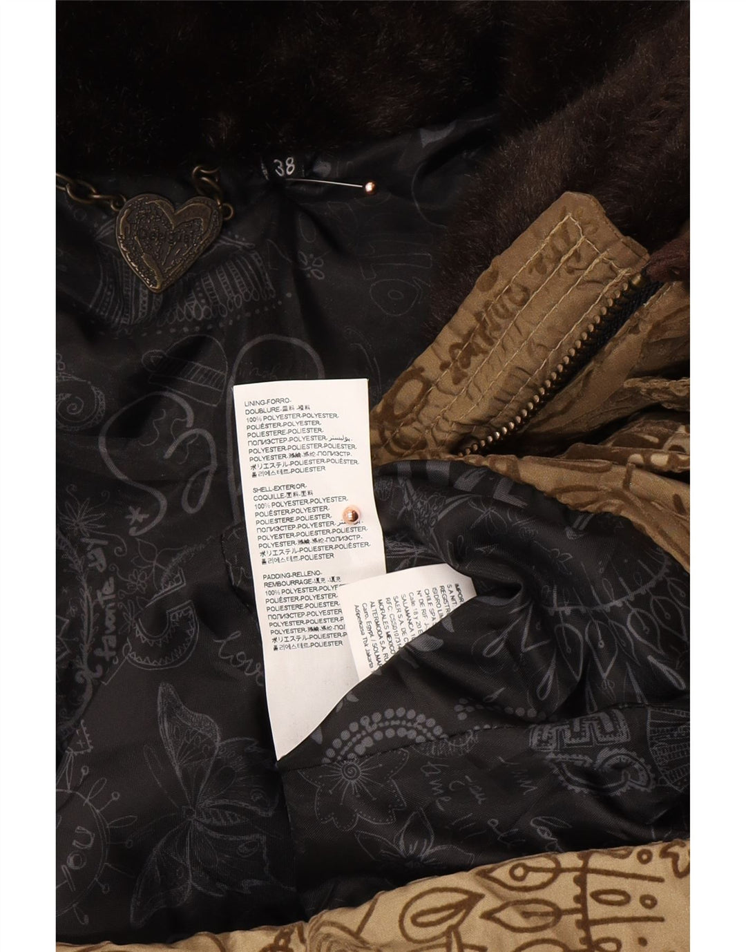 DESIGUAL kvinders abstrakt mønster grafisk polstret frakke EU 38 medium brun