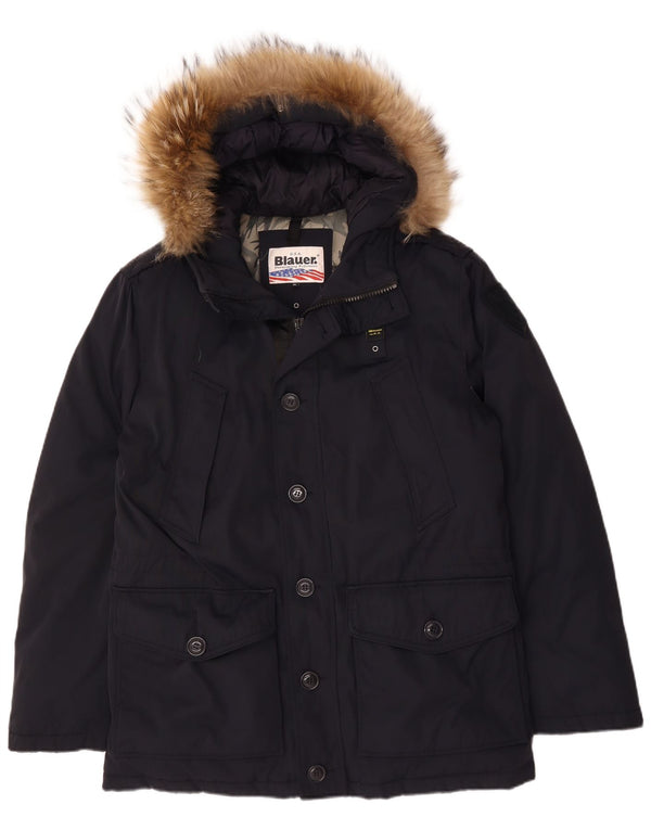BLAUER Mens Hooded Parka Jacket UK 42 XL Navy Blue