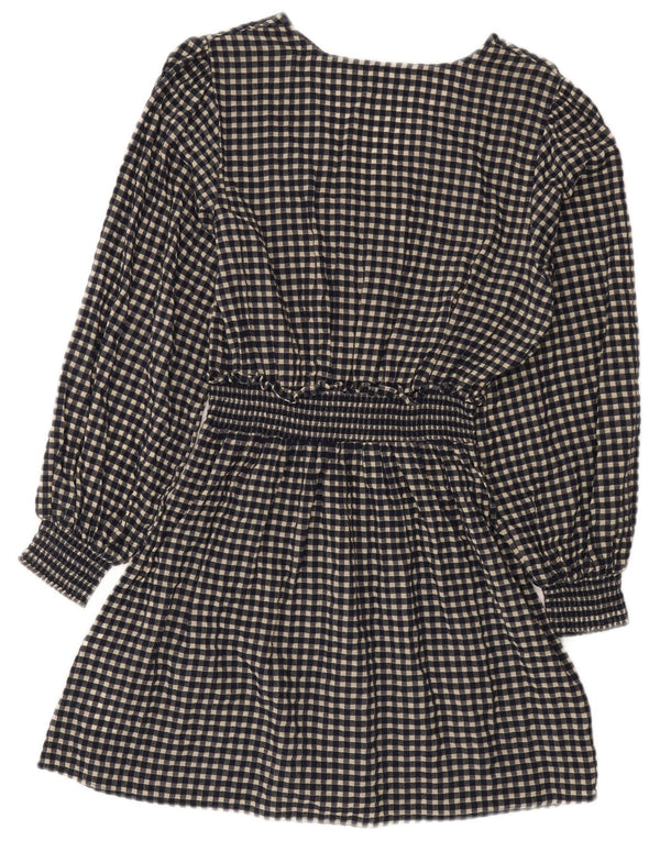 Zara Dame Langærmet Basic Kjole UK 10 Small Navy Blue Gingham Cotton