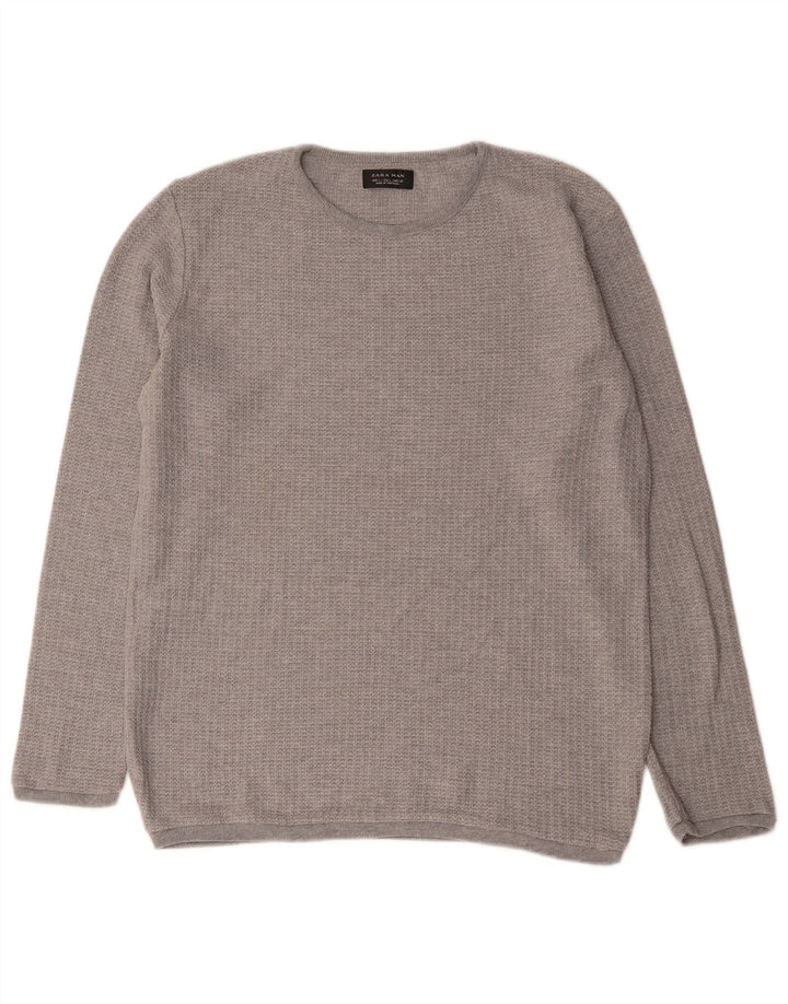 Zara Herre Crew Neck Jumper Sweater Stor Grå Polyester
