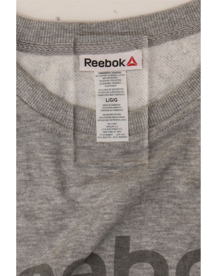 REEBOK Womens Graphic Sweatshirt Jumper UK 16 Large Grey Cotton Vintage Reebok and Second-Hand Reebok from Messina Hembry 