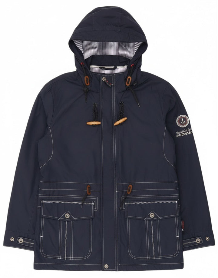 Vintage kvinders grafisk regnjakke med hætte UK 12 Mellem marineblå polyester
