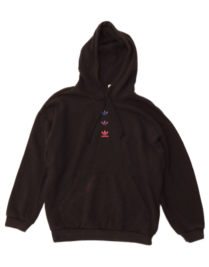 ADIDAS Dame Loose Fit Grafisk Hoodie Jumper UK 14 Stor sort bomuld