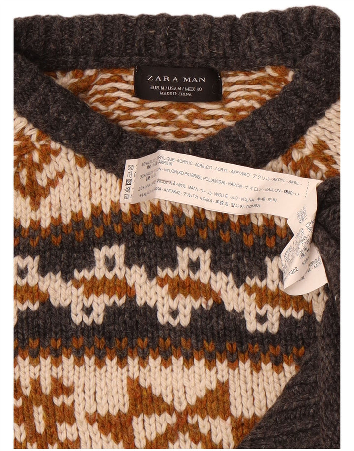 Zara Herre Crew Neck Jumper Sweater Medium Grey Fair Isle Akryl