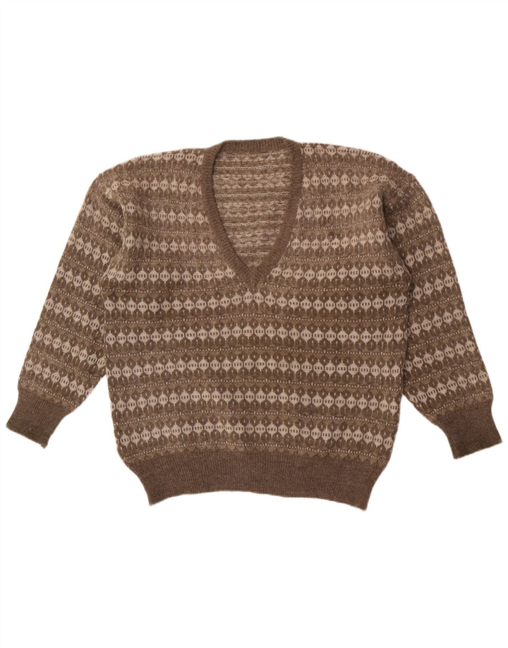 Vintage herre V-hals sweater mellem grå stribet