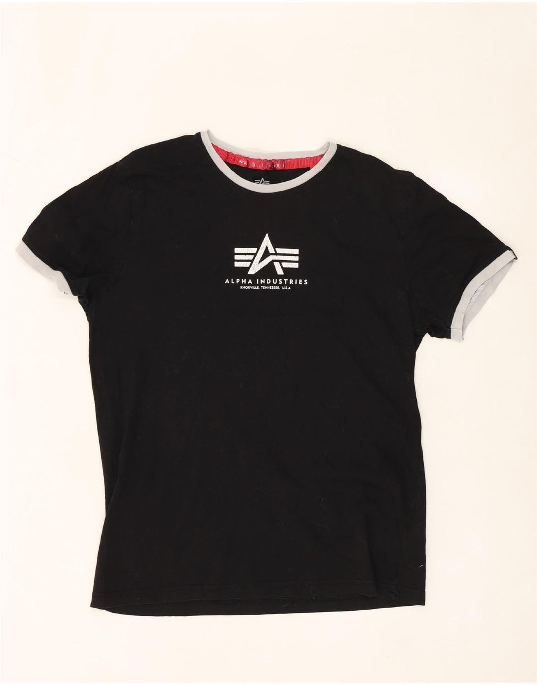 ALPHA INDUSTRIES Dame grafisk T-shirt Top UK 14 Medium Sort Bomuld