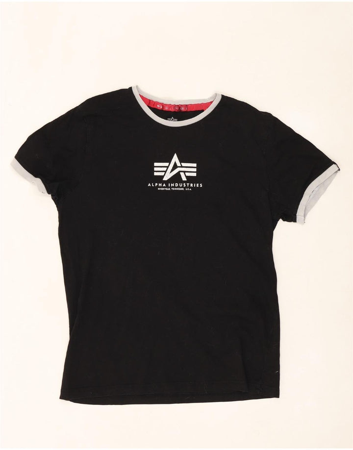 ALPHA INDUSTRIES Dame grafisk T-shirt Top UK 14 Medium Sort Bomuld