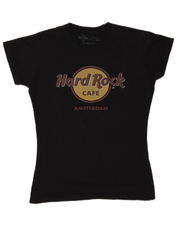 Hard Rock Cafe Dame Amsterdam Grafisk T-Shirt Top UK 6 XS Sort Bomuld