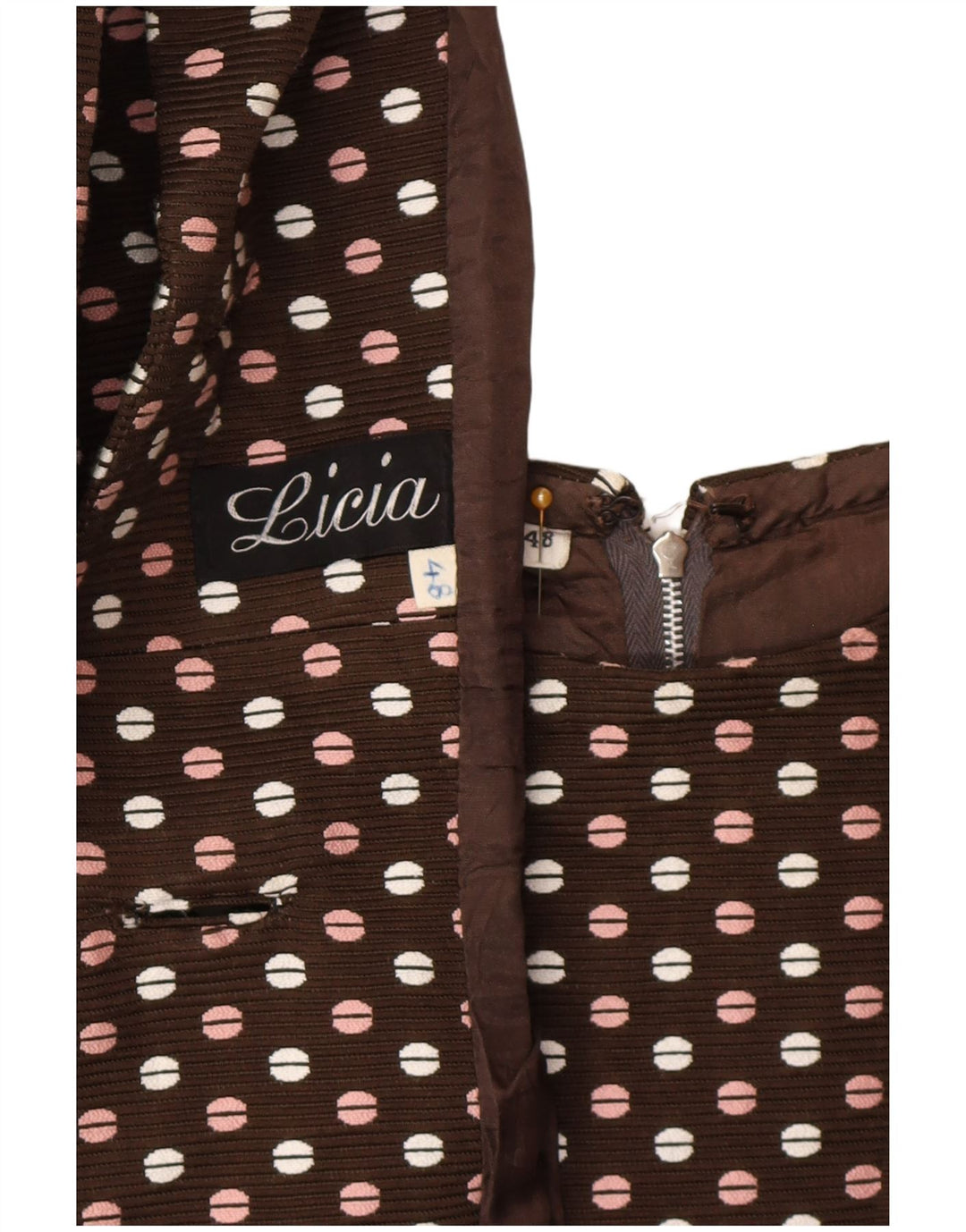 Vintage kvinders 3-knap 2-delt sæt IT 48 XL Brun Polka Dot
