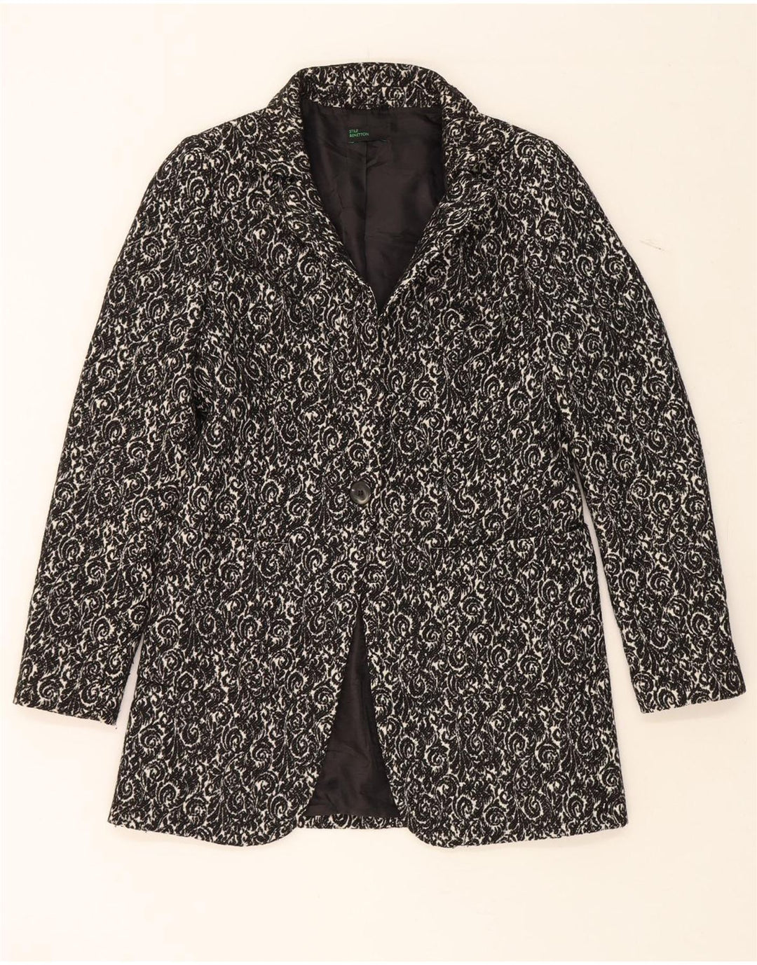BENETTON Womens Longline 1 Button Blazer Jacket UK 10 Small Black Paisley Vintage Benetton and Second-Hand Benetton from Messina Hembry 
