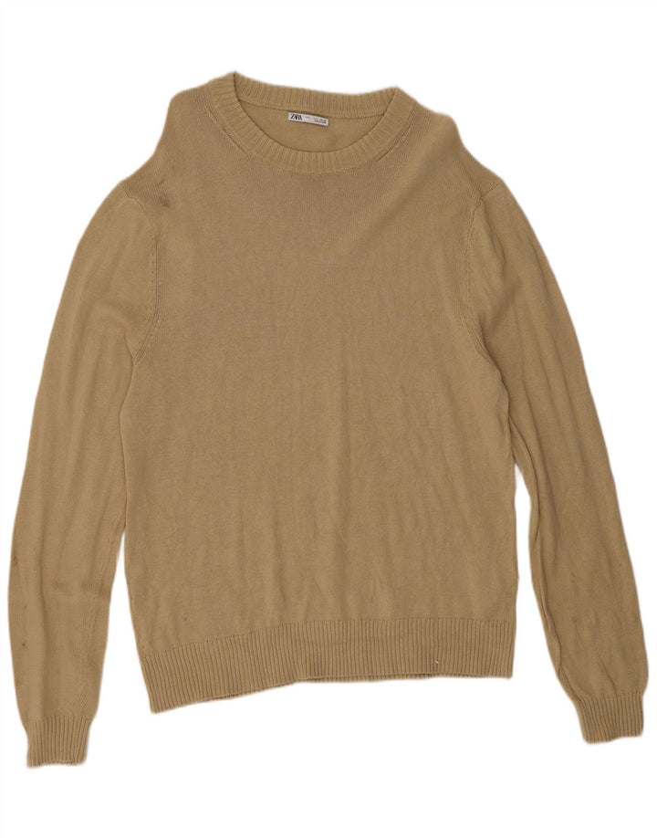 Zara Herre Crew Neck Jumper Sweater Stor Beige Bomuld