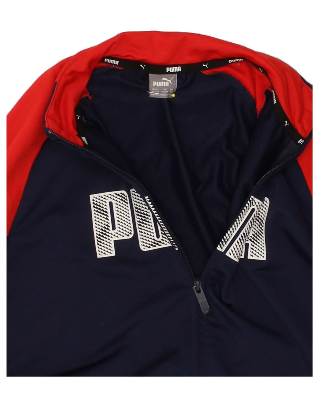 PUMA Boys Graphic Tracksuit Top Jacket 15-16 Years Navy Blue Colourblock Vintage Puma and Second-Hand Puma from Messina Hembry 