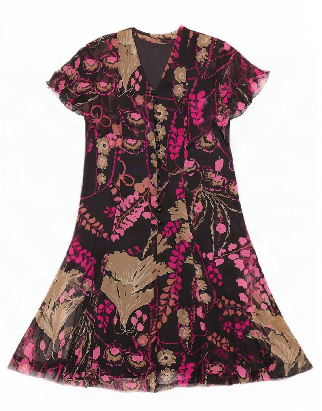 Vintage Dame A-Line Kjole IT 46 Stor Sort Blomster
