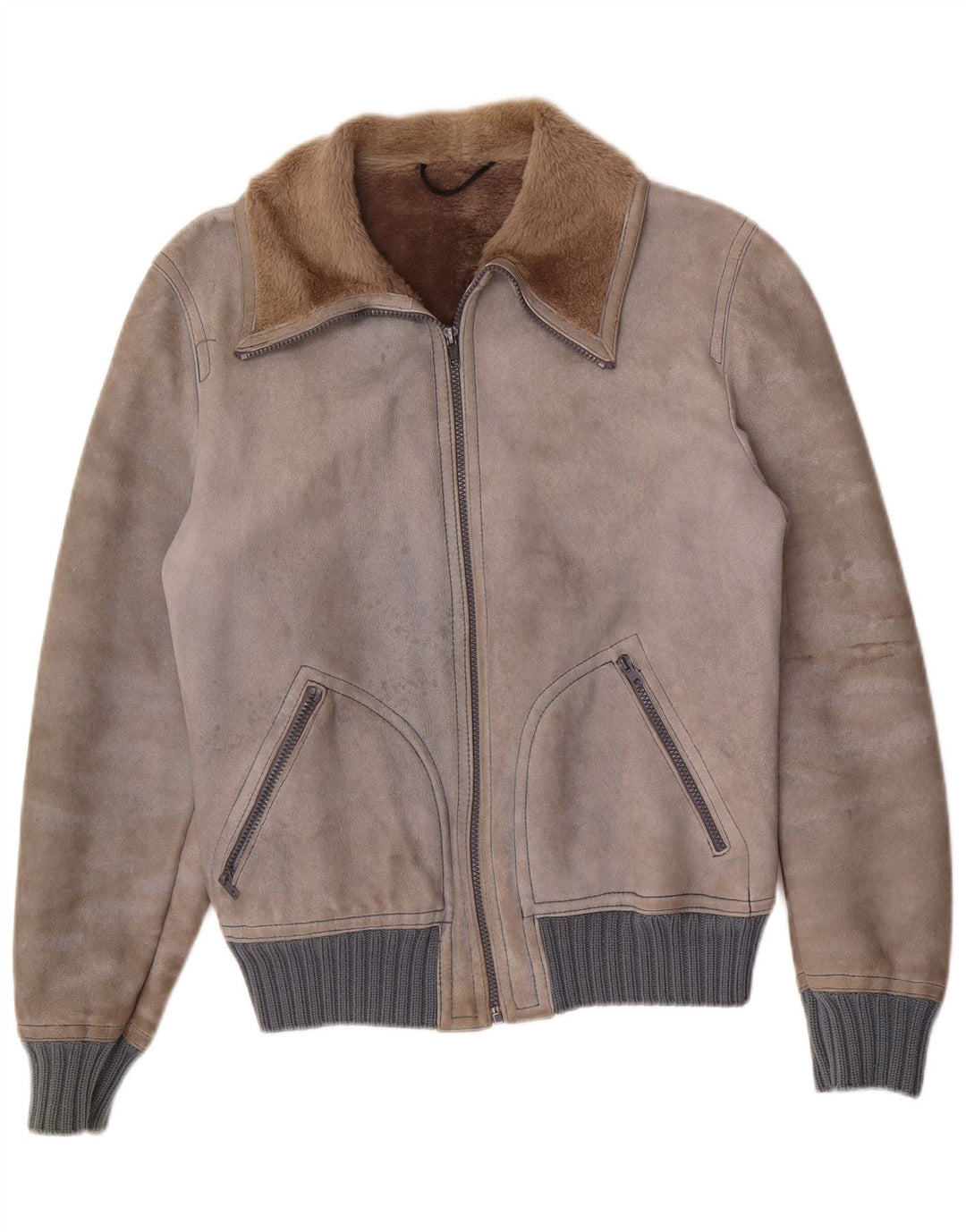VINTAGE Herre Shearling Jacket IT 48 Medium Grey Shearling