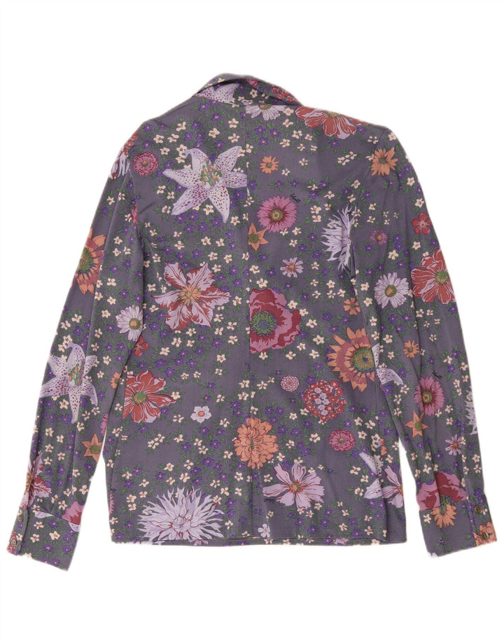Vintage Dame Langærmet Pullover Shirt UK 14 Medium Grey Floral