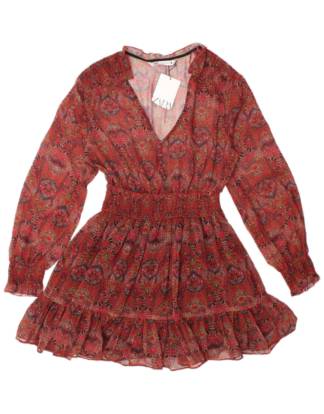 ZARA Dame Se Through Langærmet Tunika Top UK 8 Small Red Floral