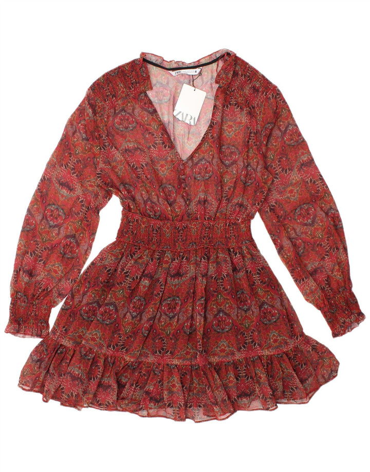 ZARA Dame Se Through Langærmet Tunika Top UK 8 Small Red Floral