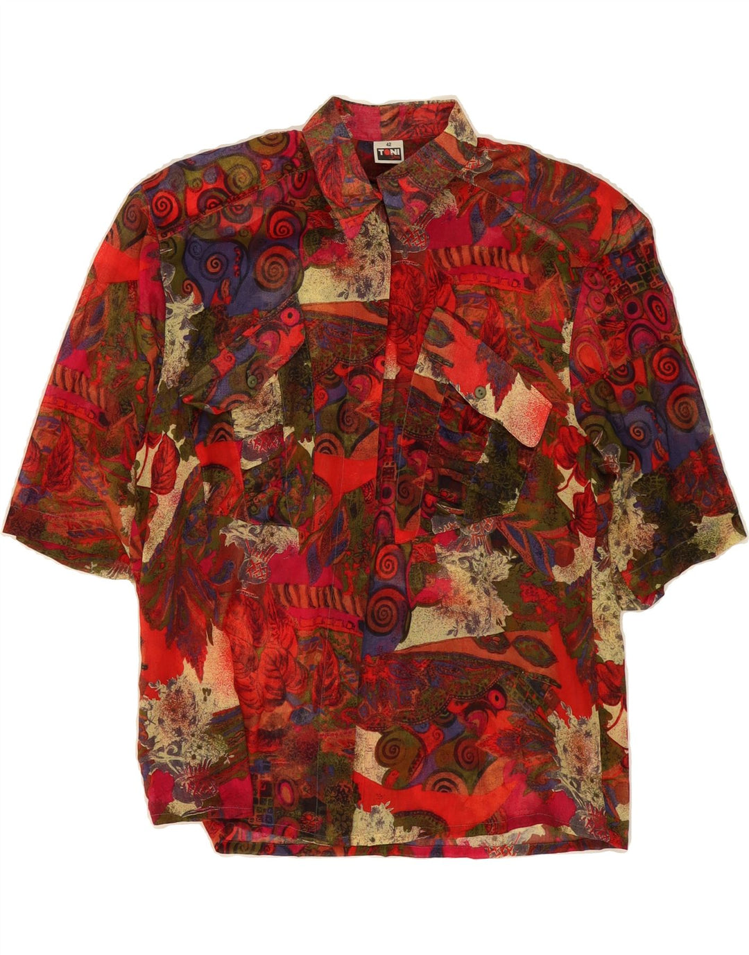 VINTAGE Womens Abstract Pattern Short Sleeve Shirt IT 42 Medium Red Cotton Vintage Vintage and Second-Hand Vintage from Messina Hembry 