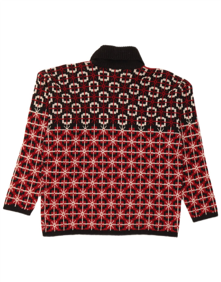 Vintage Dame Roll Neck Jumper Sweater UK 14 Medium Rød Geometrisk Ny Uld