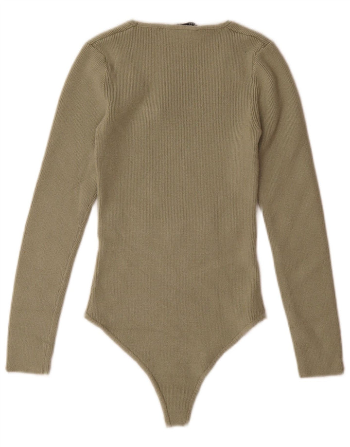 ZARA Womens Knit Long Sleeve Bodysuit UK 8 Small Green Viscose
