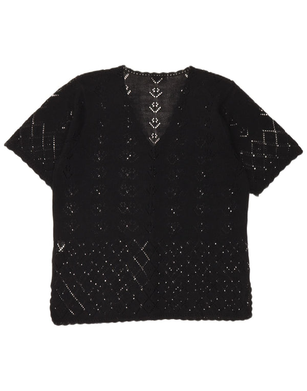 Vintage kortærmet hæklet cardigantop til kvinder DK 20 2XL sort bomuld