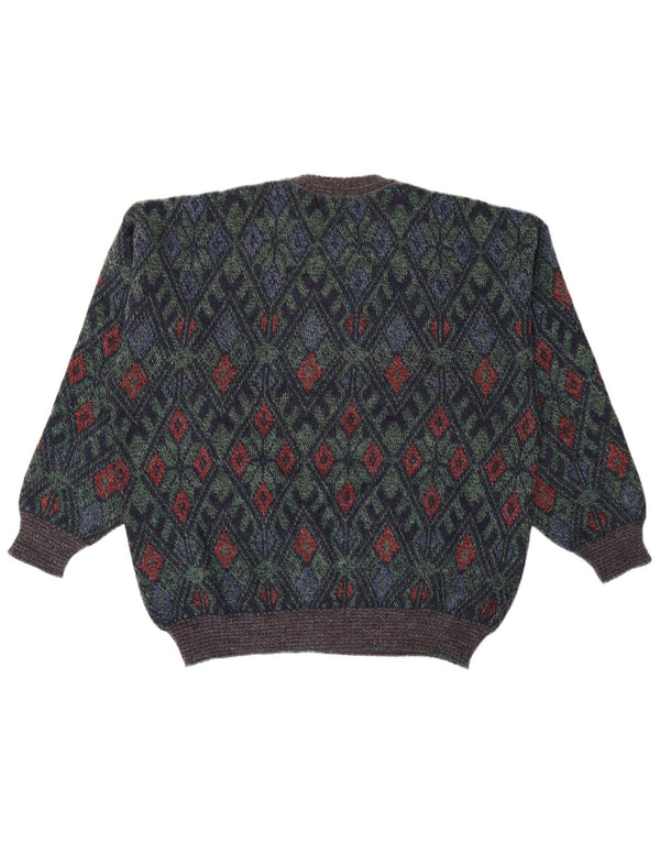 VINTAGE Herre Crew Neck trøje Sweater Large Navy Blue Argyle/Diamond