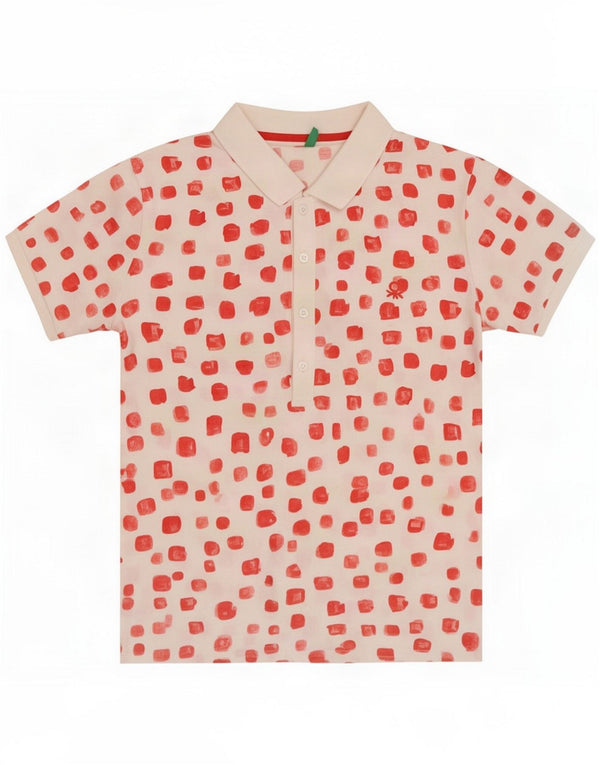 Benetton Womens Button Neck Polo Shirt UK 18 XL White Spotted Cotton