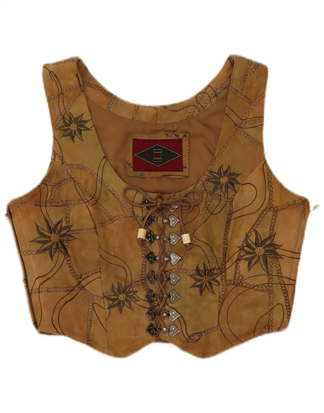 VINTAGE Dame ruskindsvest EU 38 Medium Brown Floral Læder