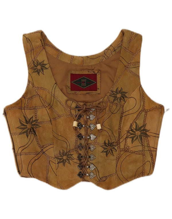 VINTAGE Dame ruskindsvest EU 38 Medium Brown Floral Læder