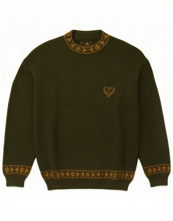 Vintage sweater med rund hals til mænd Medium Grøn Geometrisk Uld