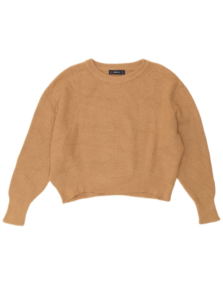 Zara Womens Crop Oversized Crew Neck Jumper Sweater UK 10 Small Beige