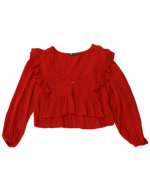 Zara Womens Crop Langærmet Bluse Top UK 10 Lille rød polyester