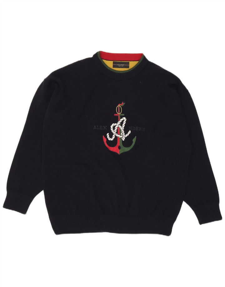 Alexander's Herre grafisk rund hals sweater 2XL marineblå uld
