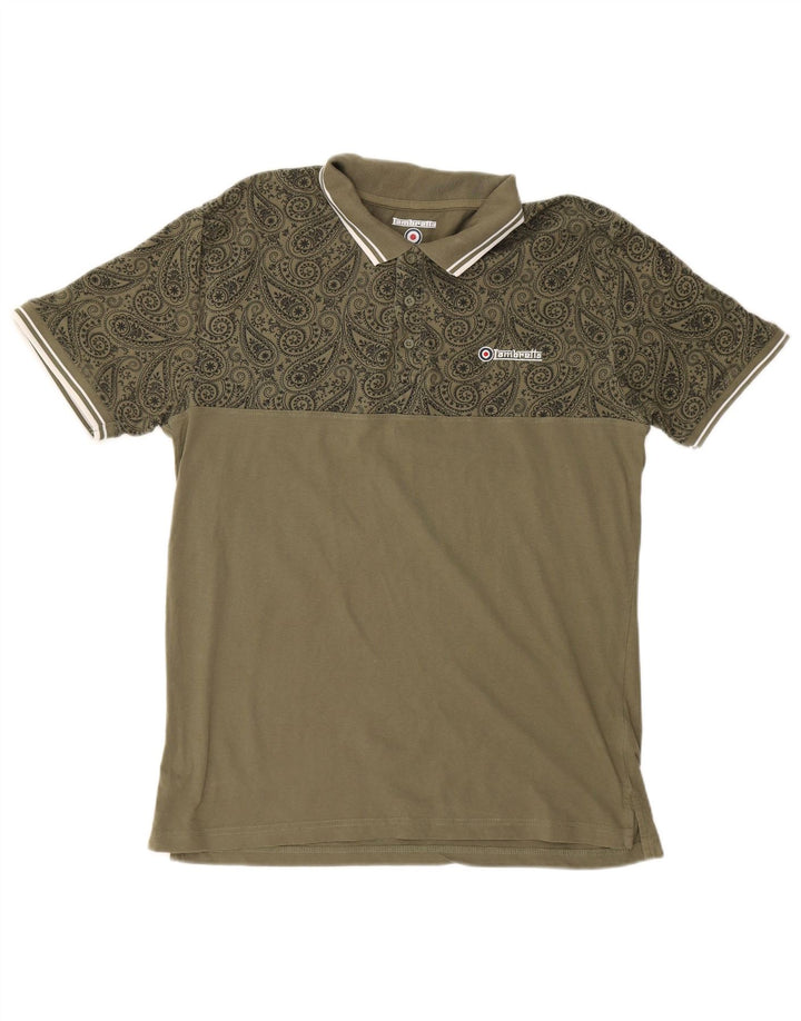 LAMBRETTA Mens Polo Shirt 2XL Khaki Paisley Cotton