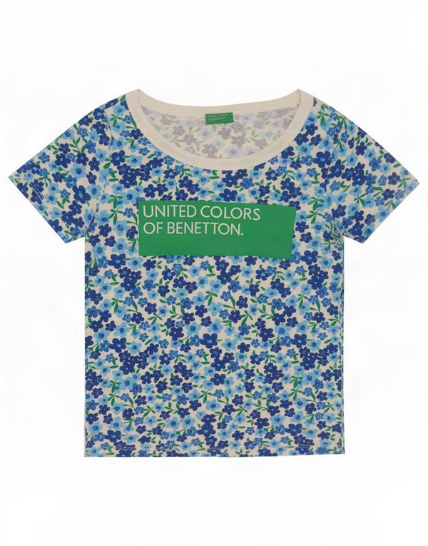 Benetton Womens Grafisk T-Shirt Top UK 12 Medium Blue Floral